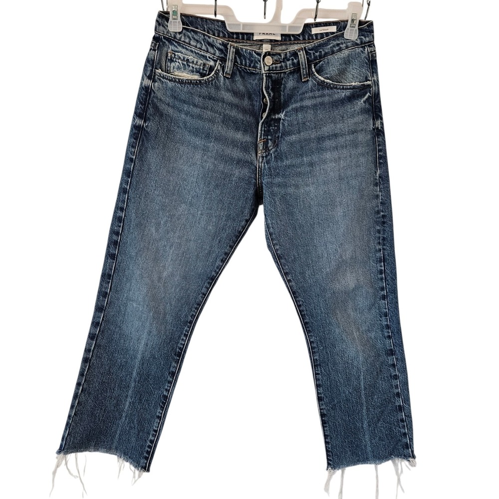 FRAME Le Slouch Straight Crop Jeans Button Fly‎ Raw Hem Distressed Biodegradable